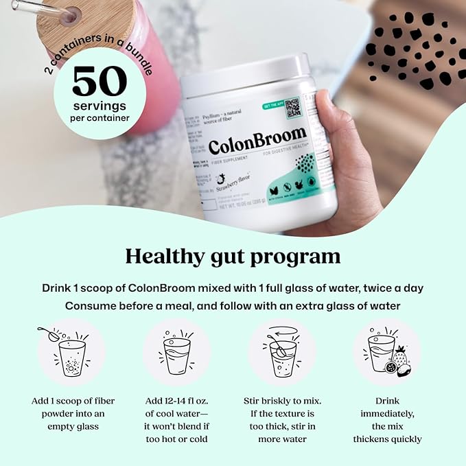 ColonBroom Psyllium Husk Powder - Colon Cleanse for Bloating Relief &amp Gut Health - Fiber Powder Drink - Easy to Mix - Vegan Gluten Free Non-GMO - Strawberry (100 Servings)