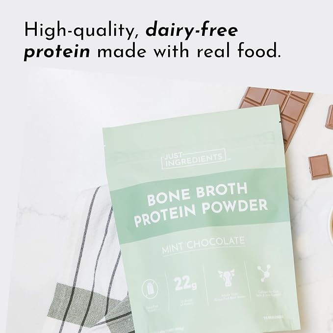 Bone Broth Protein Powder – Mint Chocolate | 15 Servings | 21g Grass-Fed Protein per Serving | Dairy-Free | Collagen for Gut Skin &amp Joint Support | Made with Real Food Ingredients