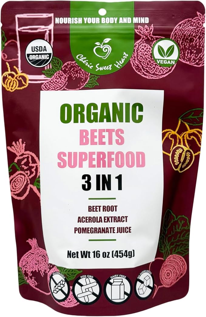 Cherie Sweet Heart USDA Organic Beets Superfood Powder 3-in-1 Nitric Oxide Support Healthy Blood Pressure and Blood Circulation 454g 16 oz Pouch