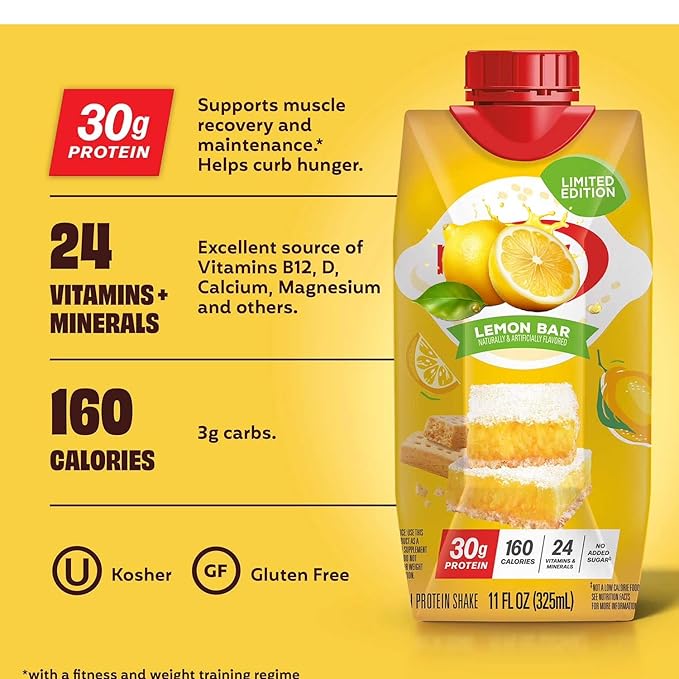 Protein High Protein Shake Lemon Bar 30g Protein 1g Sugar 15 Pack – 11 fl oz Bottles – Low Fat 24 Vitamins &amp Minerals Keto Friendly