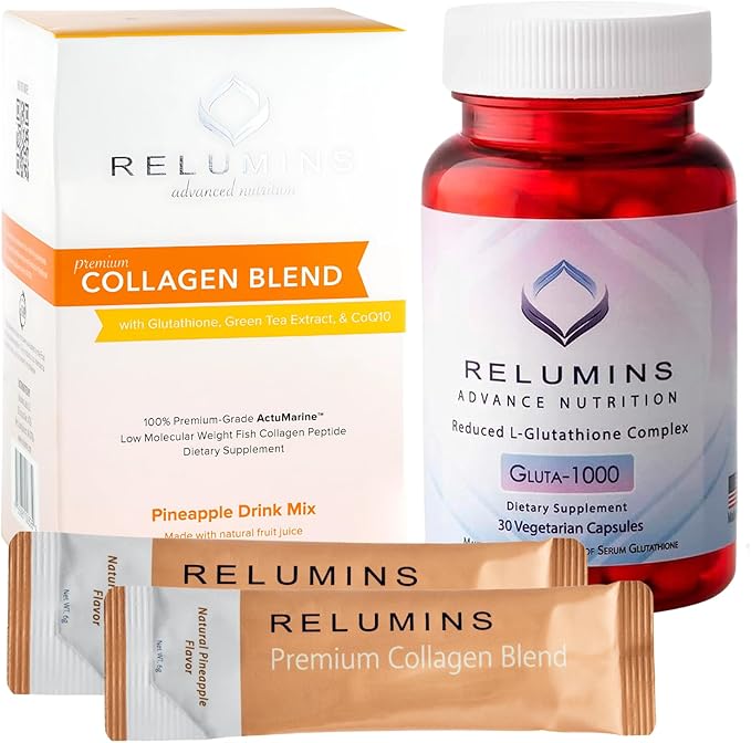 Relumins Premium Collagen &amp Gluta-1000 Bundle - 10 Sachets of Marine Collagen (Pineapple Flavor) + 60 Vegetarian Capsules - Supports Skin &amp Wellness