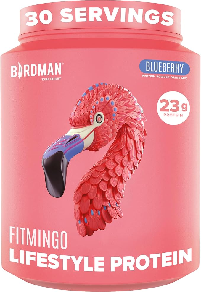 BIRDMAN Fitmingo Vegan Protein Powder with Inositol Collagen Boosters Hyaluronic Acid and Vitamins | Low Carb Dairy Free Lactose Free Low Calorie 23g Plant Based Blueberry Protein Powder