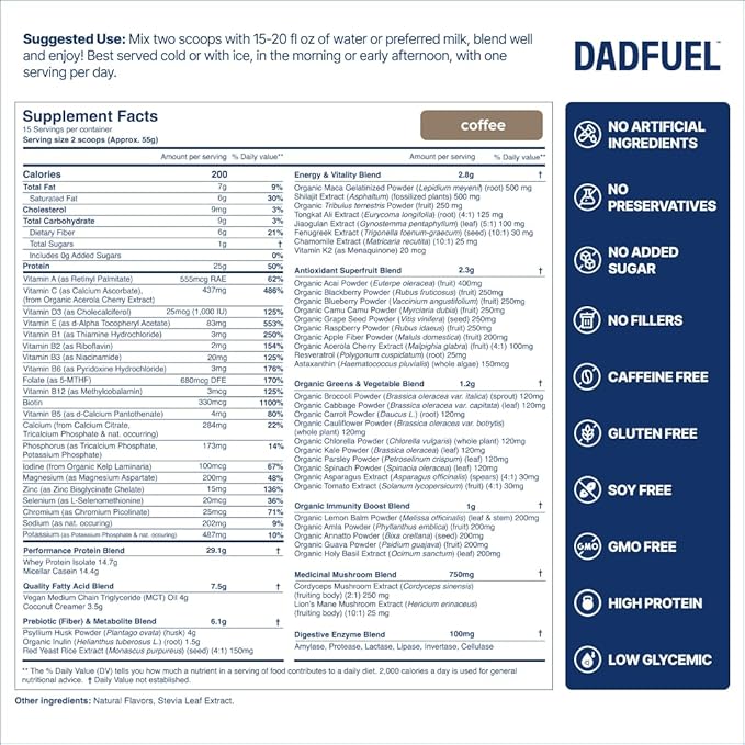 DADFUEL All-in-One Meal Replacement Shake for Men | 25g Whey Protein Isolate + 70+ Superfoods &amp Nutrients | Non-GMO Gluten-Free No Added Sugar | Smooth Taste Easy Mix | 15 Servings