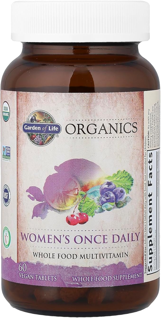 Garden of Life Organics Multivitamin for Women - Women's Once Daily Multi - Whole Food Multi with Iron Biotin Vegan Organic Womens Multivitamin for Health Energy Hair Skin and Nails 60 Tablets