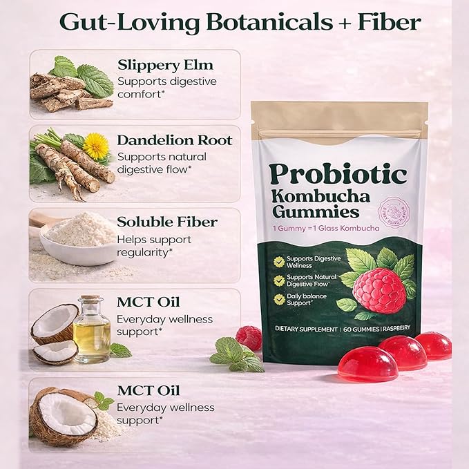 Probiotic Kombucha Gummies with Prebiotics Probiotics &amp Postbiotics – Digestive Support Fiber Gummy Supplement with Slippery Elm Dandelion Root &amp MCT Oil – Vegan Non-GMO 60 Gummies