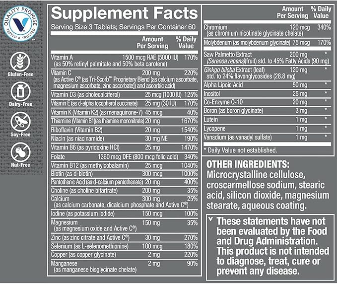 The Vitamin Shoppe Brand Ultimate Man 50+ Multivitamin Daily Men’s 50 Plus Multivitamin with Vitamins Minerals &amp Antioxidants for Energy Immune and Overall Wellness Support Gluten Free180 Tab