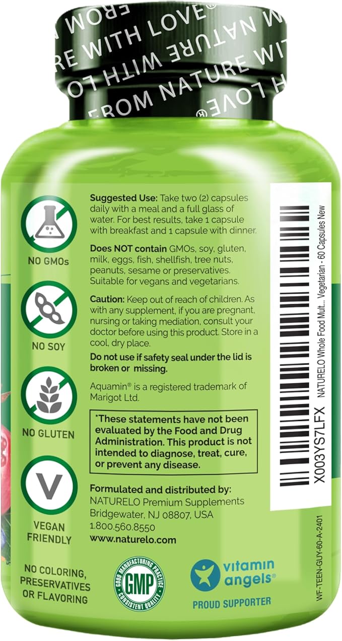 NATURELO Teen Multivitamin - Whole Food Multivitamin for Teenage Boys - Minerals Supplement for Active Kids - with Plant Extracts - Non-GMO - Vegan &amp Vegetarian - 60 Capsules (Pack of 2)