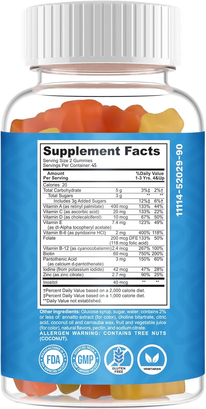 Kids 11 Vitamins &amp Minerals Gummies for Overall Health and Immune Support -Delicious Flavor – Vegetarian – Gluten Free – 100% Natural - Ages 2+ Made in USA- 90 Gummies