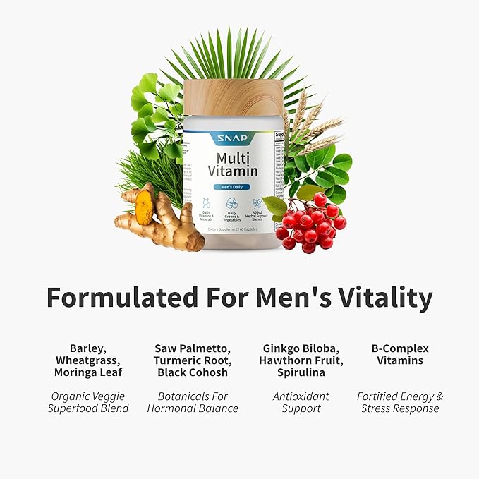 Snap Supplements Men's Multivitamins - Daily Vitamins &amp Minerals for Men - Vitamin D B12 Zinc Herbs &amp Vitamin C for Energy &amp Immune Support Multivitamin for Men 60 Capsules