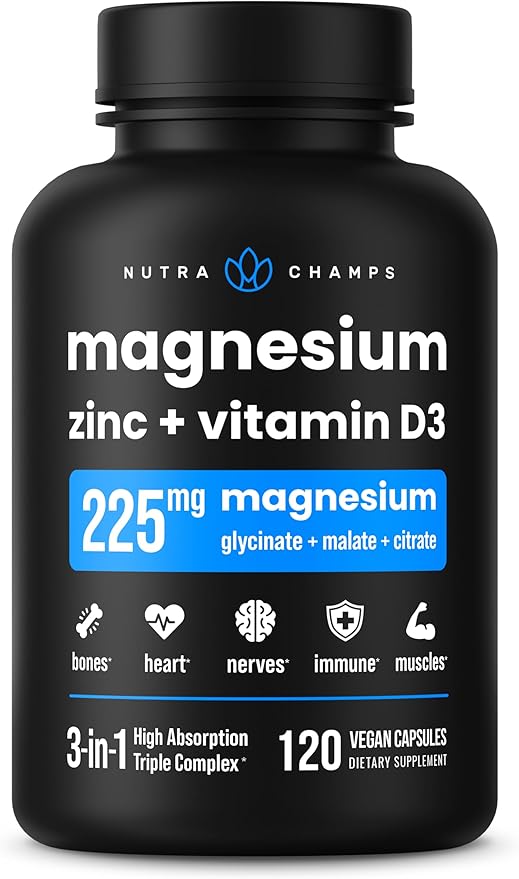 NutraChamps Magnesium Zinc &amp Vitamin D3 Supplement - Most Bioavailable Forms Magnesium Glycinate Malate Citrate - Bone Muscle &amp Heart Health Immune Support - 120 Vegan Capsules