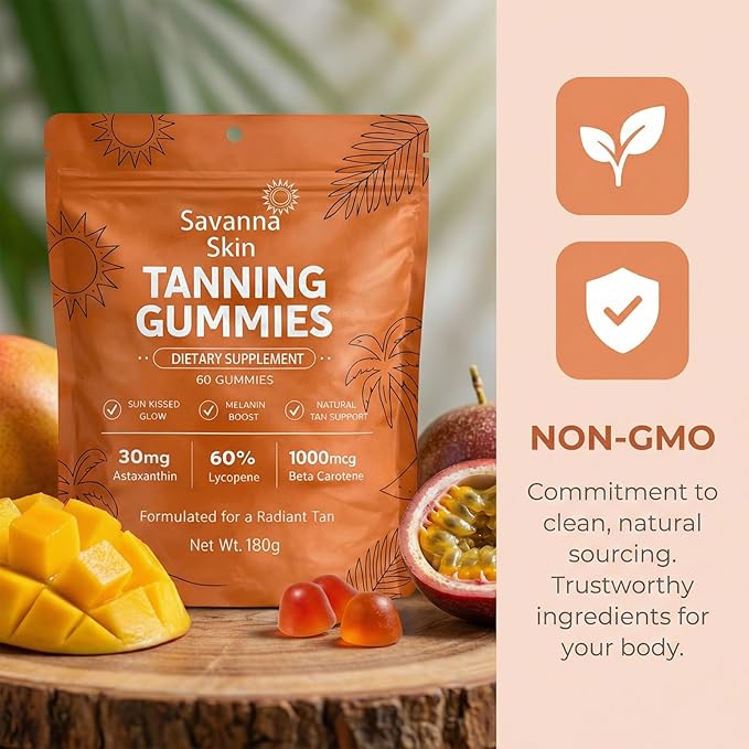 Savanna Skin Tanning Gummies with Vitamin C &amp E Astaxanthin Beta Carotene Skin Radiance &amp Hydration for Natural Looking Glow Bronzing Non-GMO Vegan &amp Sugar Free - 60 Count (3)