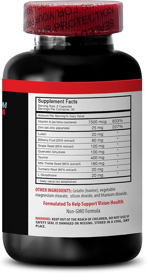 L-Glutathione - Eye Vision Guard - Lutein Bilberry Fruit Grape Quercetin Dihydrate Taurine Milk Thistle Turmeric Root Taurine Lutein Grape Quercetin 1 Bottle 60 Capsules