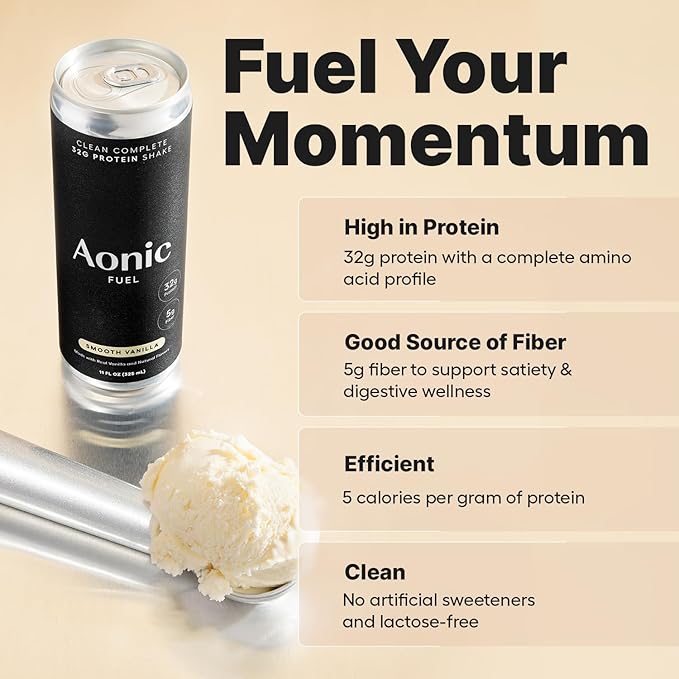 Aonic Fuel 32g Protein Shake 5g Fiber Lactose-Free Complete Amino Acid Profile No Added Sugar Made with Real Vanilla 11 fl oz (Pack of 12) - Smooth Vanilla
