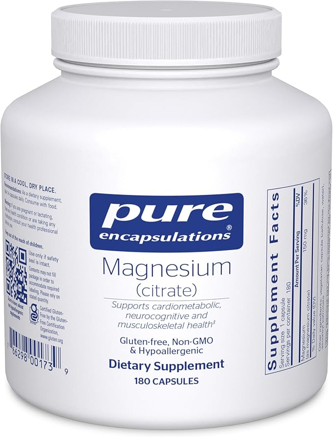 Pure Encapsulations Magnesium (Citrate) - Supplement for Sleep Heart Health Cognitive Health Bone Health Energy Muscles and Metabolism* - with Premium Magnesium - 180 Capsules