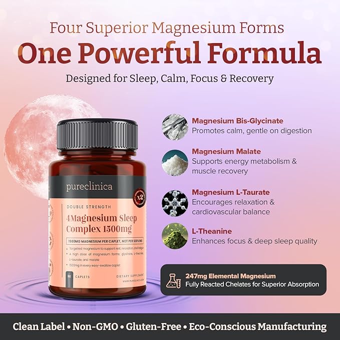 Double Strength Magnesium Sleep Complex 1500mg x 90 Caplets – 247mg Elemental Magnesium – Bis-Glycinate Malate L-Taurate &amp L-Theanine - 3 Months Supply