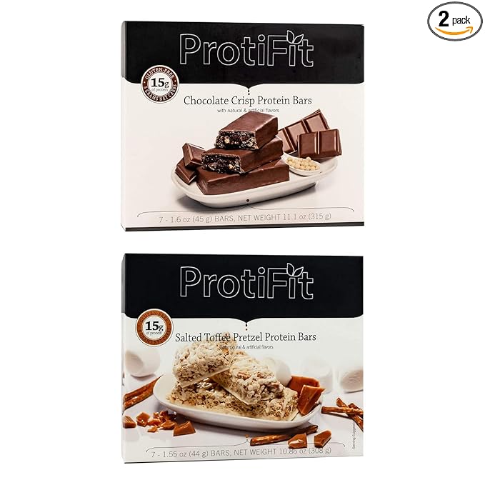 PROTIFIT - Low Calorie Chocolate Crisp &amp Salted Toffee Pretzel Protein Bar 2 Pack High Protein 15g Protein Low Carb Low Sugar Ideal Protein Compatible 7 Servings Per Box (2 Pack)