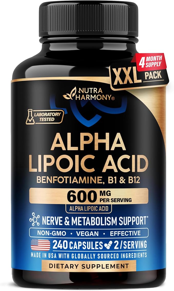 Alpha Lipoic Acid 600mg - ALA Supplement Antioxidant for Nerve Energy &amp Metabolism Support - Extra Strength with Benfotiamine B1 &amp B12 - Lab Tested NON-GMO &amp Vegan - 240 Capsules 4 Mon
