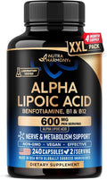 Alpha Lipoic Acid 600mg - ALA Supplement Antioxidant for Nerve Energy &amp Metabolism Support - Extra Strength with Benfotiamine B1 &amp B12 - Lab Tested NON-GMO &amp Vegan - 240 Capsules 4 Mon