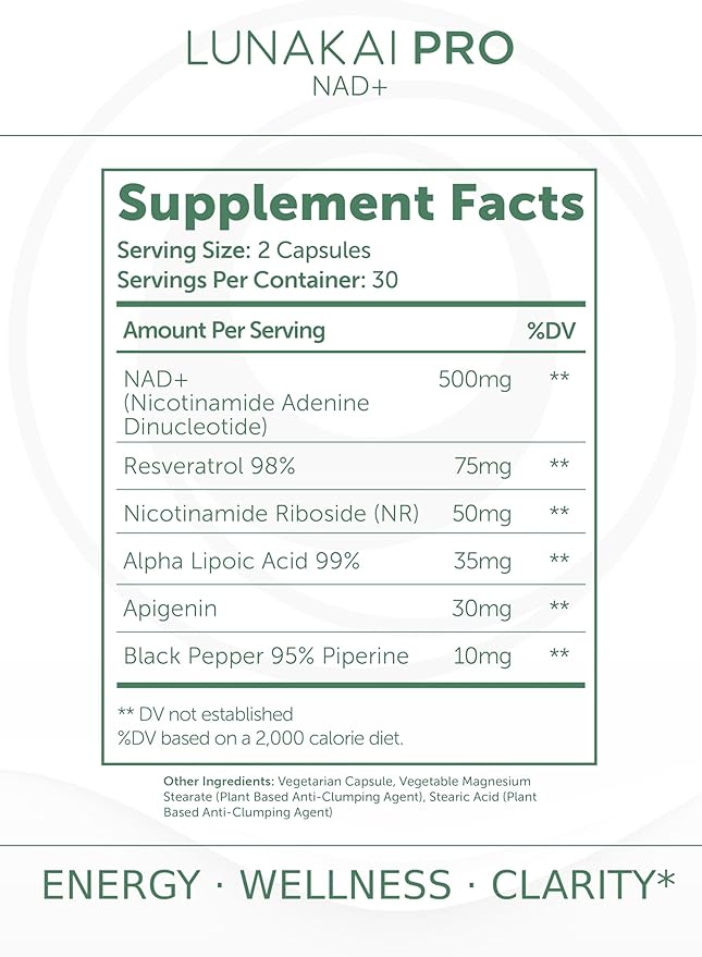 Lunakai PRO USA Made Dual-Pathway NAD+ Formula with NR &amp Resveratrol – Natural NAD Supplement for Women &amp Men – Healthy Aging &amp Cellular Health Support 60ct