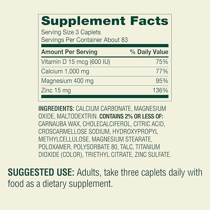 Spring Valley Calcium Magnesium Zinc with Vitamin D3 250 Caplets