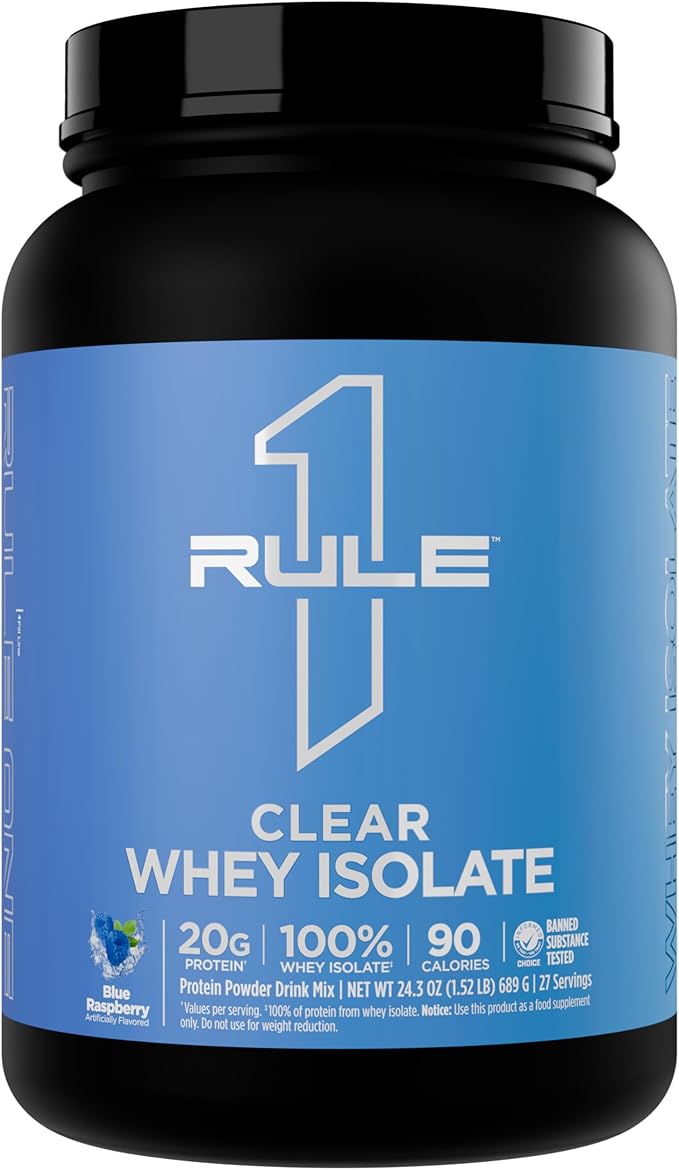 Rule 1 Clear Whey Isolate - 20g All-Whey Isolate Protein Mix Over 9g EAAs 90 Calories Zero Sugar Easy to Digest Light Crisp and Refreshing Taste (27 Servings Blue Raspberry)