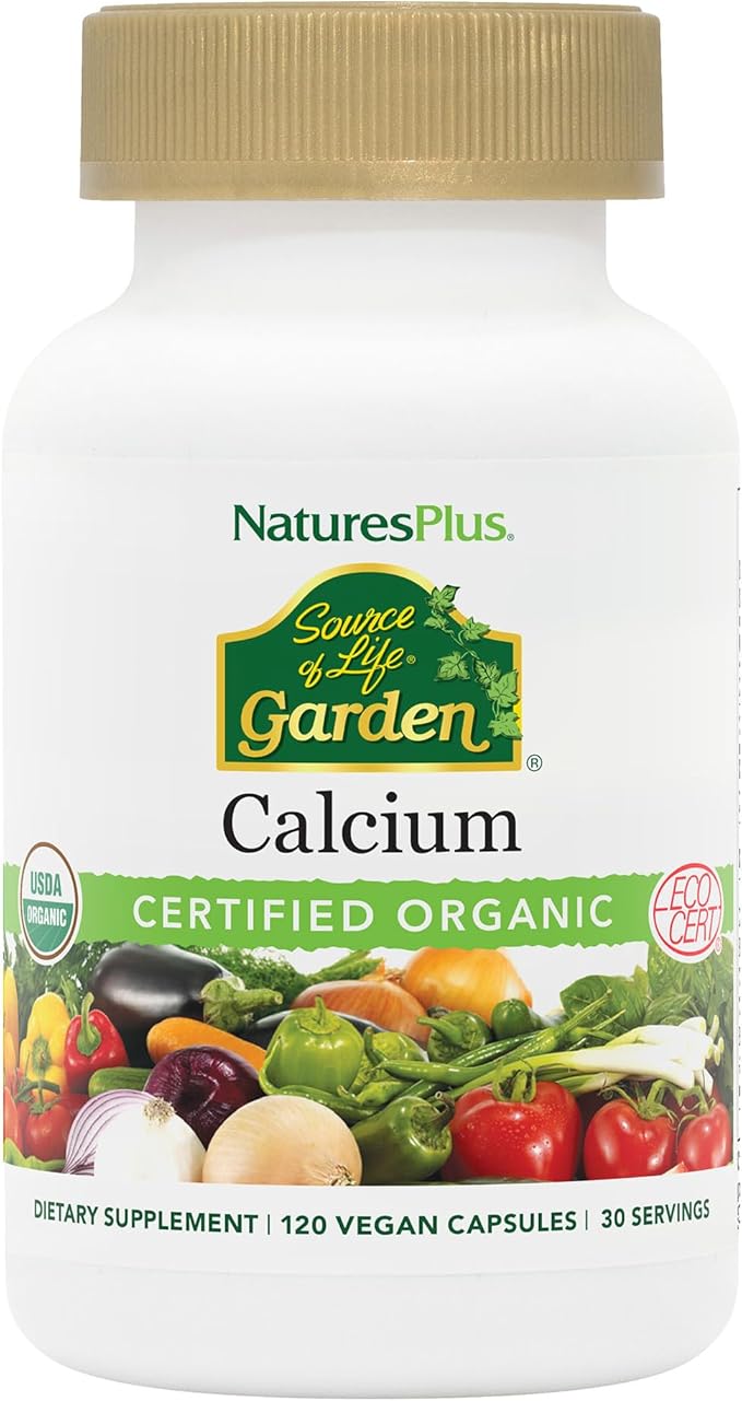 NaturesPlus Source of Life Garden Calcium - 120 Capsules - Calcium Supplement with Magnesium &amp 20 Whole-Food Extracts - USDA Certified Organic Non-GMO Vegan Gluten Free - 30 Servings