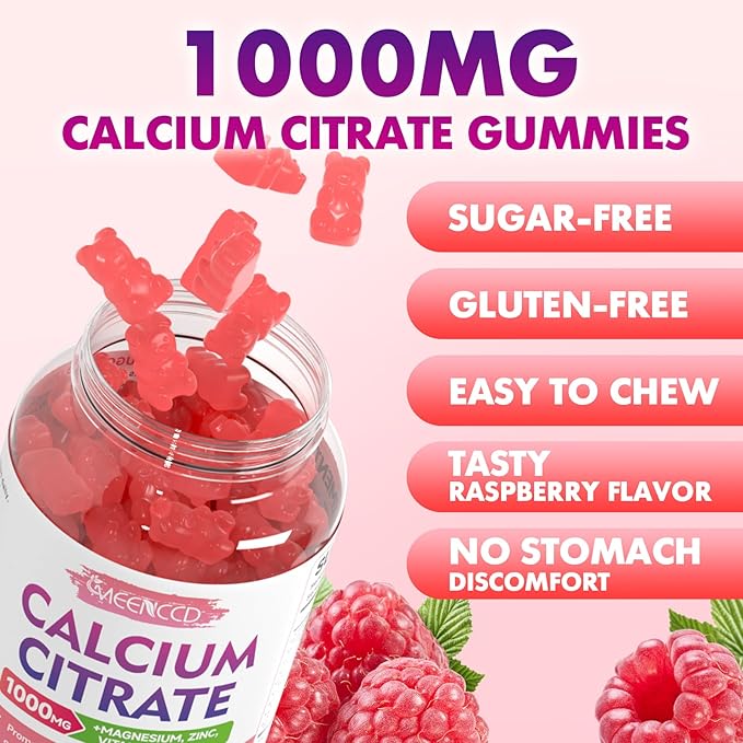 2 Pack Calcium Citrate Gummies 1000mg w/Vitamin D3 High Absorption Calcium Gummies for Women &amp Men Plus Magnesium Potassium Zinc for Muscle &amp Immune Support Raspberry Flavor 120 Count