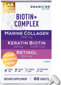 Biotin Collagen Keratin Supplement Hair Growth Tablets – Biotin 10000mcg Marine Collagen Peptides Keratin Retinol Zinc Vitamin B6 - Hair Skin and Nails Complex for Women and Men - 60 Tablets