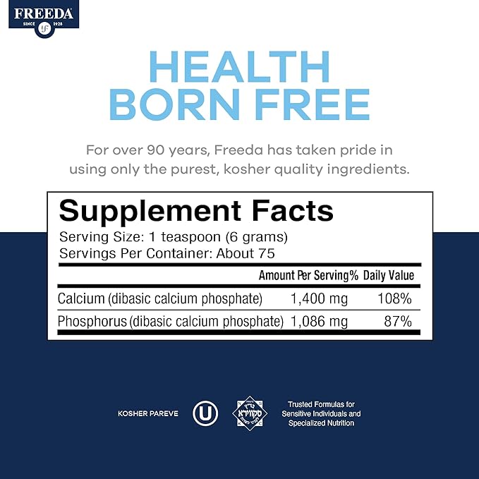 Freeda Calcium Phosphate Powder – Kosher Mineral Supplement for Bone &amp Joint Health in Men Women Dogs &amp Cats – Bone Strength Powder with Calcium and Phosphorus – No Vitamin D – Made in USA