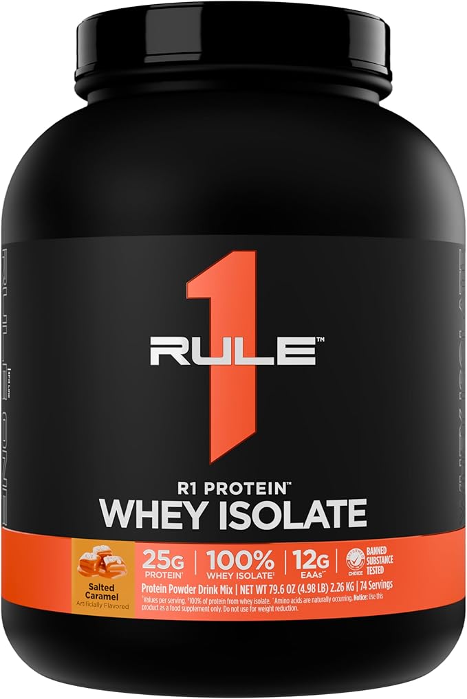 Rule 1 R1 Protein Whey Isolate - with 25g Protein &amp 6g BCAA Exclusively from Isolated &amp Hydrolyzed Sources for Workout Recovery (5 Pounds* Salted Carmel)