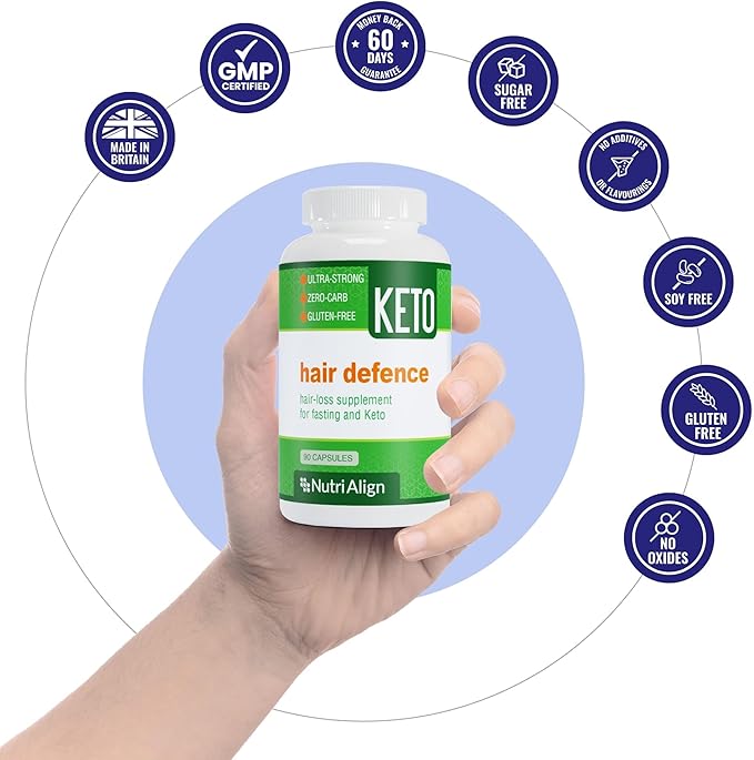 Nutri-Align Hair Defence Biotin Complex for Keto and Fasting | 90 Capsules | High Strength Hair Growth Biotin - 2500mcg Biotin per Capsule | Vitamin A Folic Acid &amp Calcium