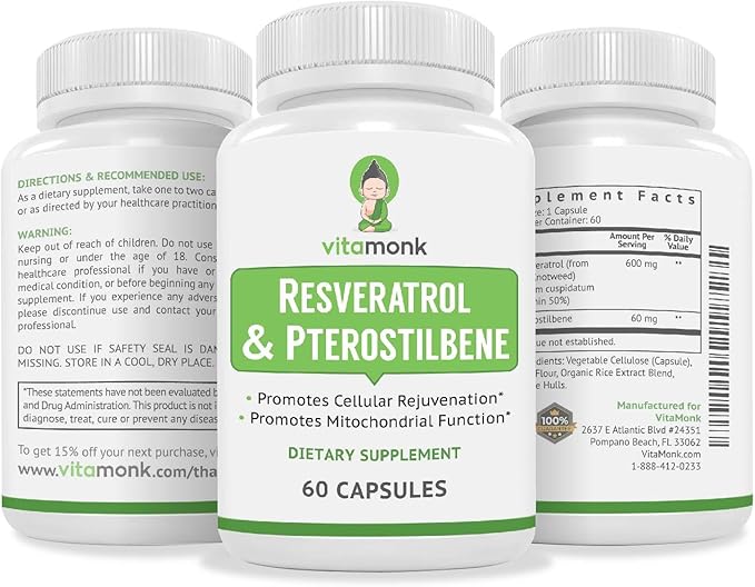 VitaMonk Resveratrol with Pterostilbene 600mg/60mg - No Artificial Fillers Healthy Aging and Longevity Supplement - 60 Capsules - Precise Formula with Trans Pterostilbene Resveratrol Supplements