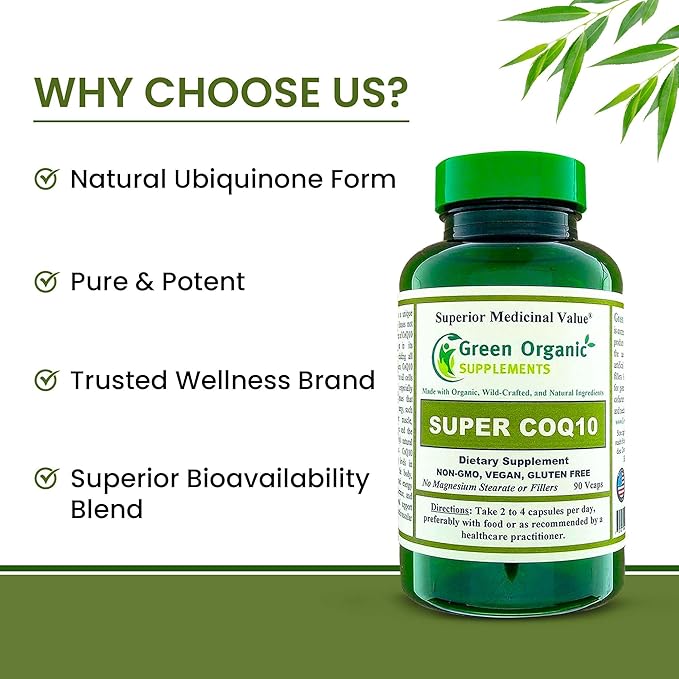 Green Organic Supplements CoQ10 (Ubiquinone) Super 90 VCaps High Absorbable Non-GMO Gluten-Free (Single)