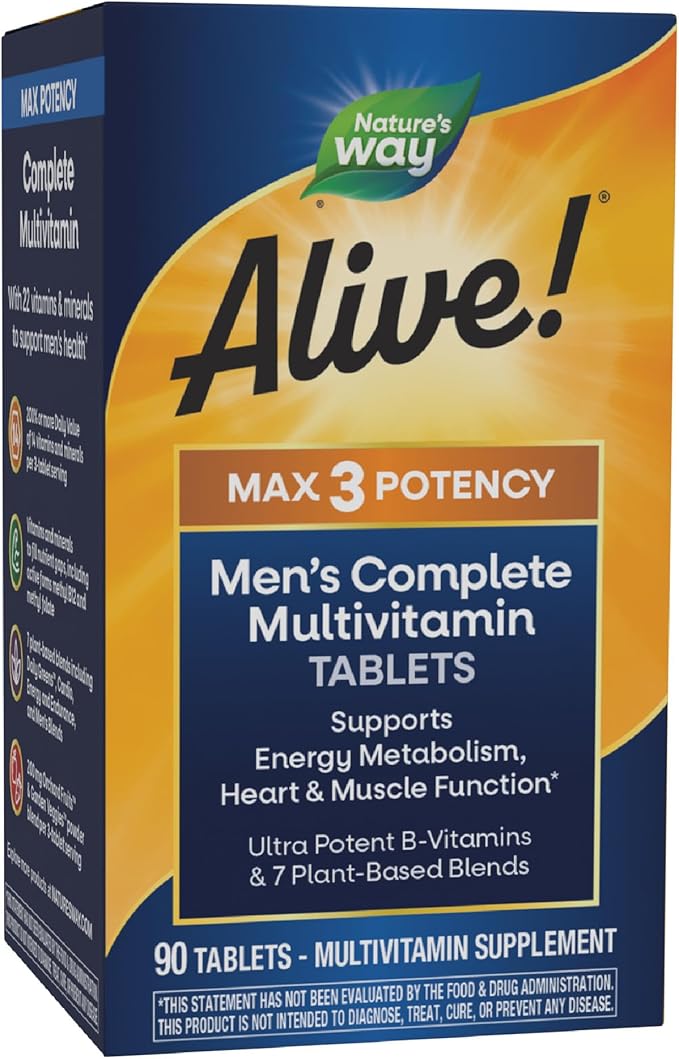 Nature’s Way Alive! Men’s Max3 Potency Multivitamins Supports Energy Metabolism* Heart &amp Muscle Function* with Methylated B12 and Folate Gluten-Free 90 Tablets