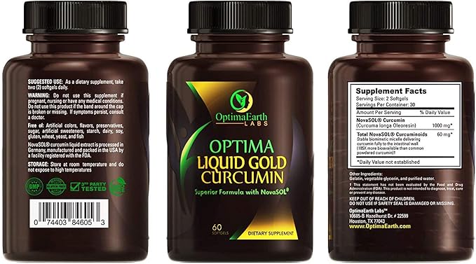 OptimaEarth Liquid Gold Curcumin with NovaSOL - Enhanced Absorption Turmeric Supplement - Supports Joint and Immune System Health - 185x More Bioavailable Than Traditional Curcumin Products