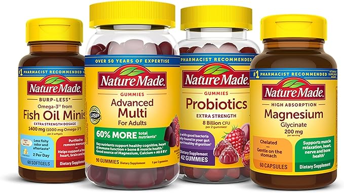 Nature Made Daily 4 Combo Pack Multivitamin for Him and Her Gummies Omega-3 from Fish Oil Softgels Magnesium Glycinate Capsules Probiotic Gummies 4 Bottles