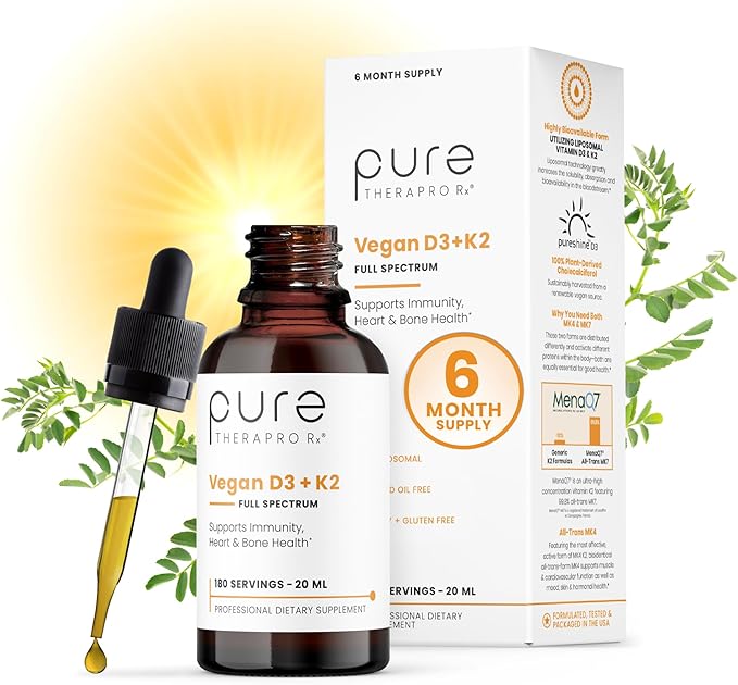 Pure Therapro Rx Vegan D3 + K2 Organic 100% Liposomal 20ml Made in USA | 6 Month Supply | Maximum Absorption Vitamin D3 and Vitamin K2 Supplements for Men and Women D3 Vitamin 5000 IU
