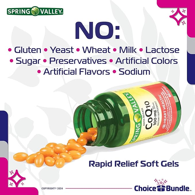 Choice Bundle Spring Valley Rapid-Release CoQ10 Coenzyme Q10 100 mg Softgels 120 CT 3 pk (360 Total) + Vitamin Guide &amp Pill Container (5 Items)!