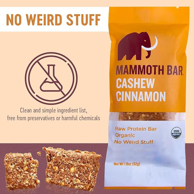 Cashew Cinnamon Bar- Organic Paleo Gluten Free and Raw by Mammoth Bar 10-12g Protein 1.8 Oz. Bar (10 Bars) …