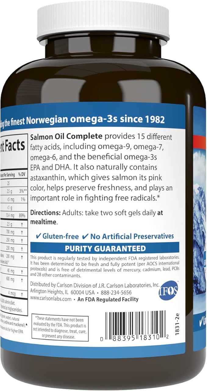 Carlson - Salmon Oil Complete 700 mg Omega-3s + Astaxanthin Cardiovascular Support Brain Function &amp Joint Health 120 soft gels