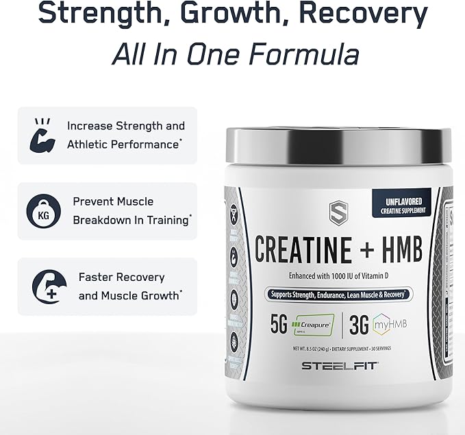 SteelFit Creatine HMB Powder - 5g Creapure Creatine Monohydrate Powder 3g myHMB &amp 1000 IU Vitamin D - Workout Supplement Supports Muscle Growth Strength Recovery &amp Energy - Unflavored 30 S