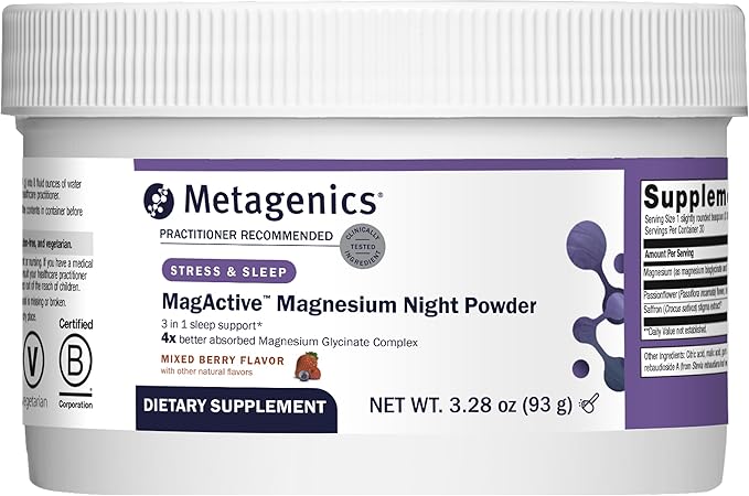 Metagenics MagActive Magnesium Night Powder - Sleep Support Supplement - Aids Healthy Sleep-Wake Cycle - Contains Magnesium Passionflower &amp Saffron - Melatonin Free - 93 g Mixed Berry Flavor