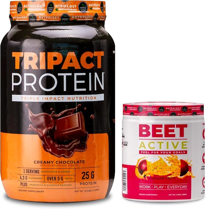 Nutrology TRIPACT Protein Powder 7-in-1 Meal Replacement Shake Creamy Chocolate (40 Servings) Beet Active Natural Pre-Workout Powder Passion Fruit Flavor (30 Servings)