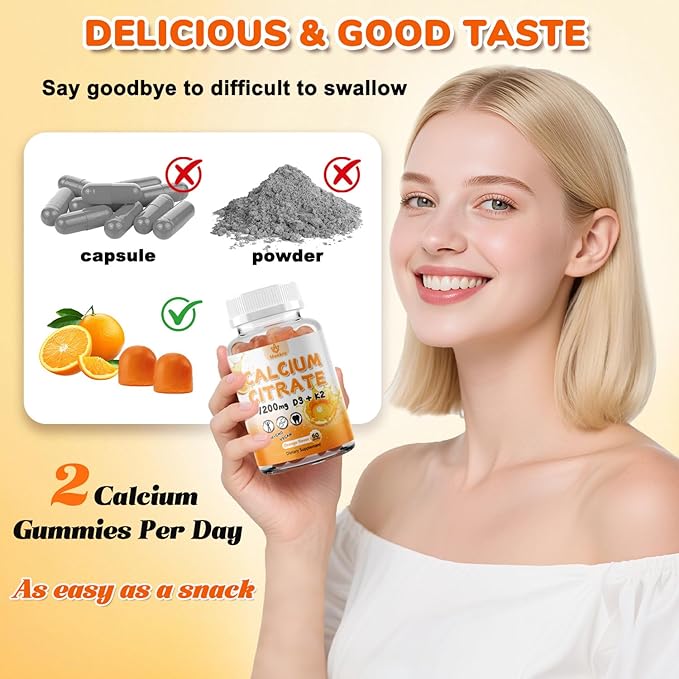 (2 Pack) Calcium Citrate GummiesCalcium 1200 mg with Vitamin D3 and K2 for Women &amp Men.Supports Bone Muscle &amp Teeth - Natural Orange Flavor120 Gummies- 60 Day Vegan Supply