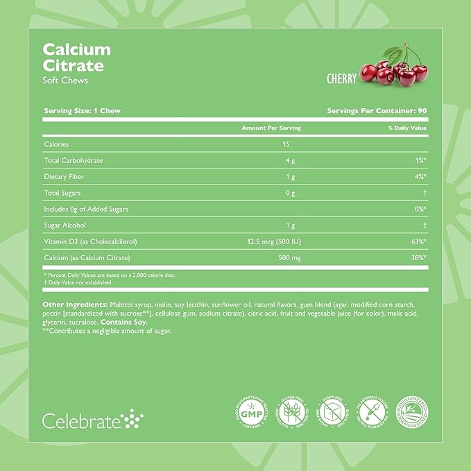 Celebrate Vitamins Bariatric 500mg Calcium Citrate Soft Chews with 500 IU Vitamin D3 – Essential for Gastric Bypass Patients &amp Bone Health - Sugar &amp Gluten Free Cherry (270 Chews)