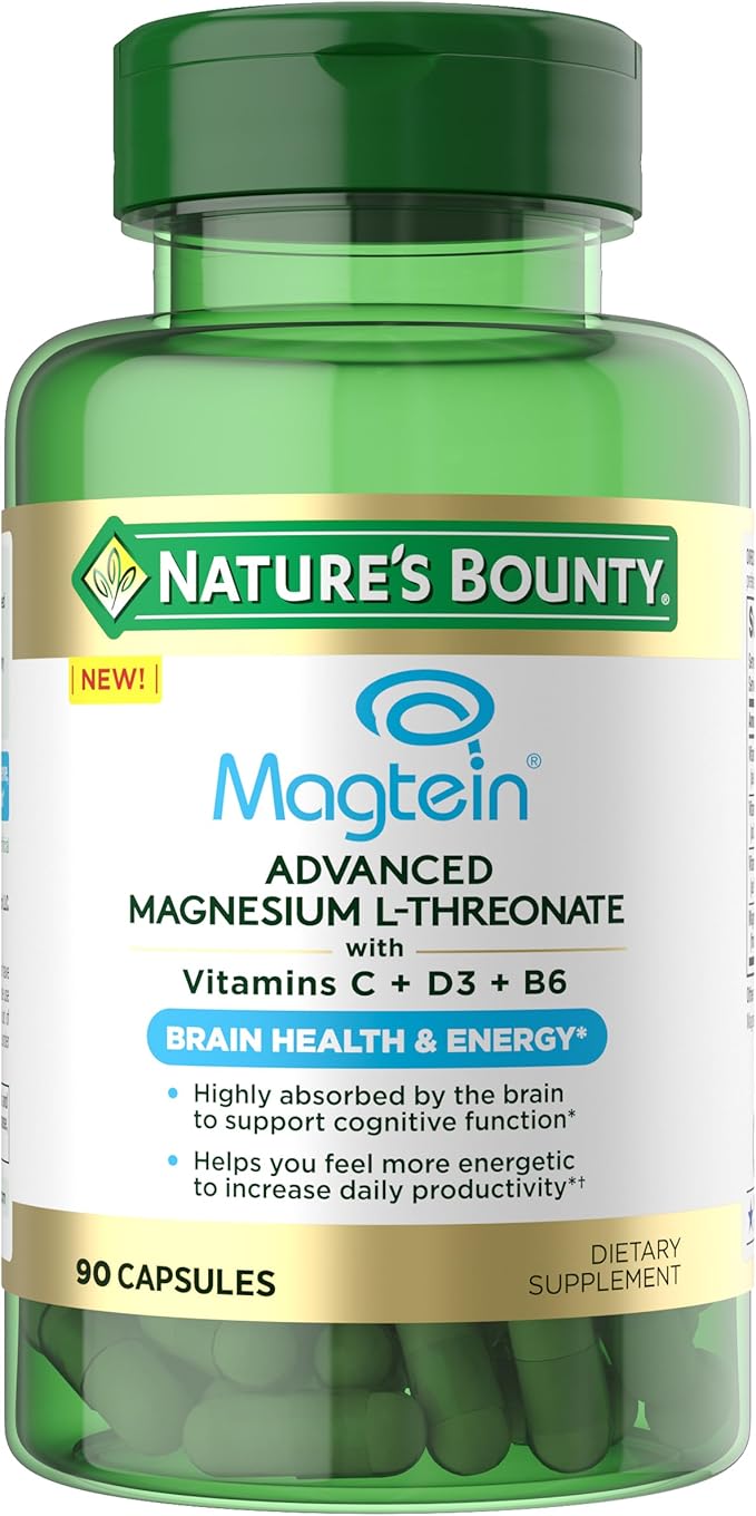 Nature’s Bounty Magnesium L-Threonate – Advanced Magnesium Supplement with Vitamin C Vitamin D3 and Vitamin B6 – Supports Brain Health Energy Nerve &amp Immune Support Supplement – 90 Capsules
