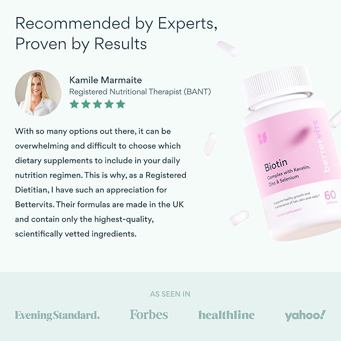 Betterrvits Hair Growth Vitamins for Women - Biotin 12000 mcg with Zinc Copper and Selenium Complex | Hair Skin and Nails Supplement for Women and Men with Keratin KeraGlo | 60 Capsules