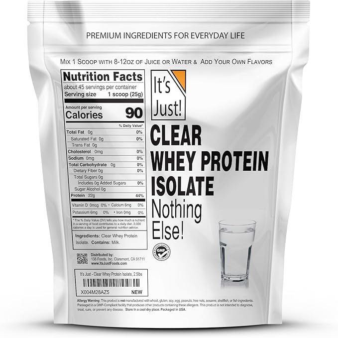 It's Just! - Clear Whey Isolate WPI-90 Zero Carbs Protein Powder No Added Flavors Heavy Metal Tested Gluten Free Non-GMO (2.5 Pound (Pack of 1) Unflavored)