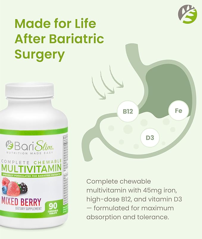 BariSlim Complete Chewable Bariatric Multivitamin Tablets - 45 mg Iron - Bariatric Vitamin &amp Supplement for Post Bariatric Surgery Including Gastric Bypass &amp Gastric Sleeve | Mixed Berry | 90