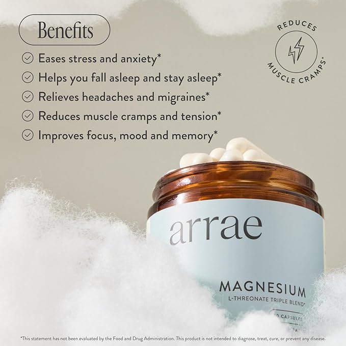 Arrae Magnesium Supplement Magnesium Glycinate Citrate &amp L-threonate 250 mg Support Mood Sleep Nerves and Muscles90 Capsules
